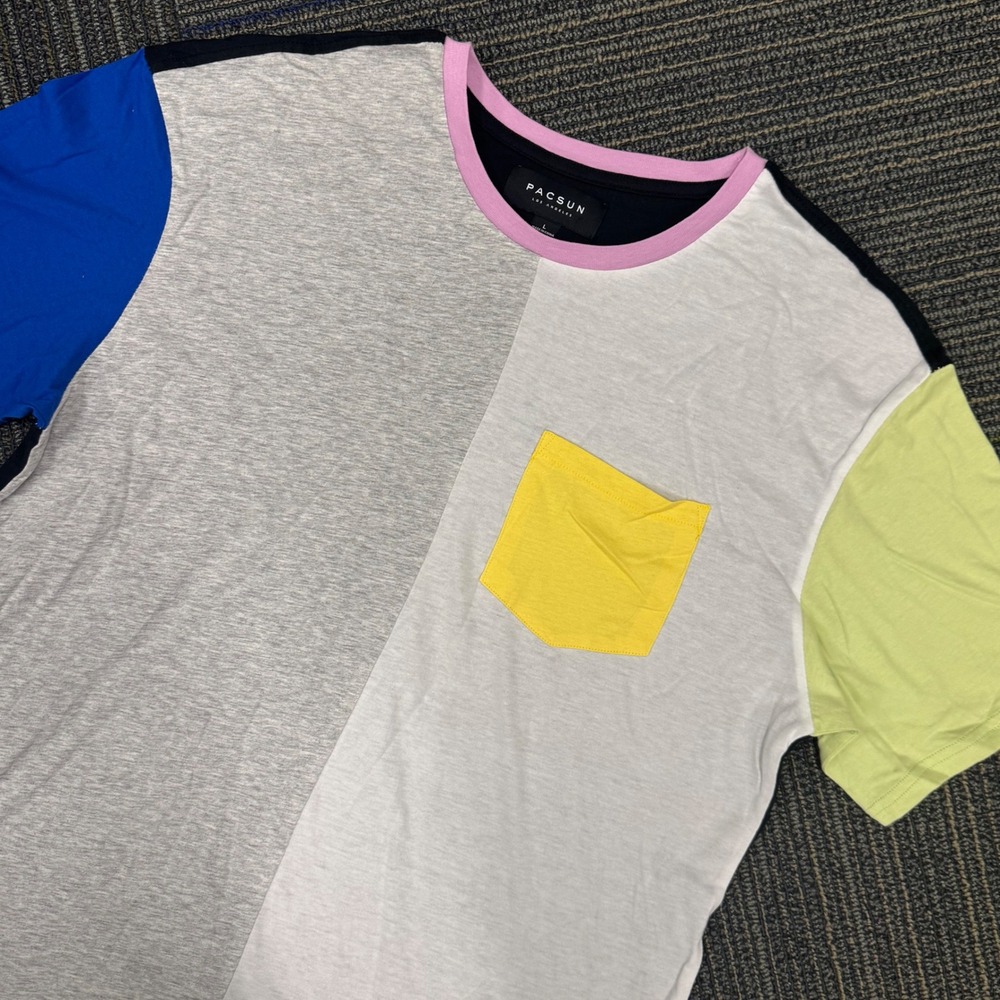 PacSun Colorblock T Shirt Mens Large Pocket Tee Blue Yellow Green White Black